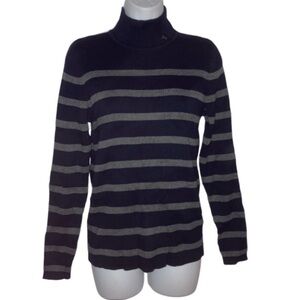 Ralph Lauren Stripe Ribbed Cotton Long Sleeve Turtleneck Top M Gray Navy